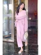 品牌折扣女装韩国东大门粉色套装女圆领长袖高腰半身裙两件套