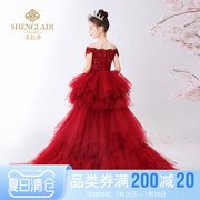 儿童拖尾礼服公主裙蓬蓬纱洋气，女童红色模特，走秀晚礼服钢琴表演服