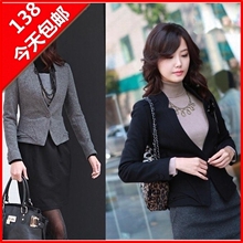 韩国代购大码女士小西装毛呢外套黑色韩版西服修身女装耸肩秋冬装