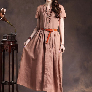布衣风格衣庄可人原创设计旧粉水洗麻气质连衣裙不含腰带初夏
