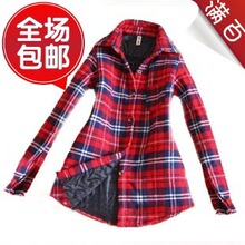 2011新款女棉衣 中长款格子衬衫女 加厚加棉保暖长袖大码衬衣