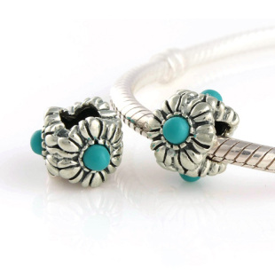  XS173L 925纯银饰品生日石 绿松石花朵镶石珠子 silver beads