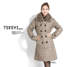 正品姿亿 2012新款 <span class=H>金</span><span class=H>羽</span><span class=H>杰</span>风格中长款獭兔毛领带帽<span class=H>羽绒</span><span class=H>服</span>厚配腰带