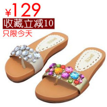 真皮-2012夏季新款百丽凉鞋波西米亚水钻女鞋平底一字拖鞋女凉拖