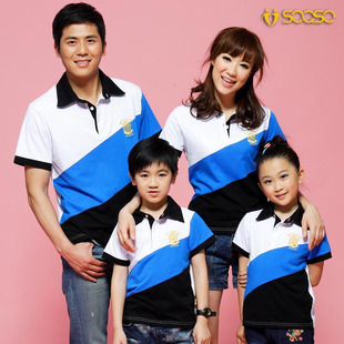  亲子装韩版母女装父子父女装春夏装短袖格子纯棉T恤蓝色