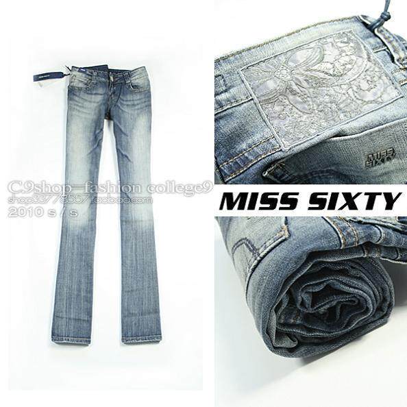 MISS SIXTY银线刺绣标简约强烈磨白修身小喇叭牛仔裤
