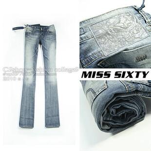 MISS SIXTY银线刺绣标简约强烈磨白修身小喇叭牛仔裤