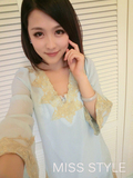 2012女日系新款蕾丝网纱边金丝刺绣V字领喇叭袖雪纺连衣裙雪纺衫