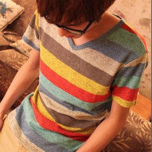 条纹修身v领情侣装...