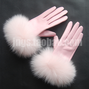 皮手套女冬韩优雅粉色狐狸毛手套可爱皮草手套羊皮手套加厚保暖女