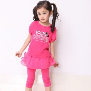  正品　新款夏季中小女童韩版学院风短袖套装　儿童休闲套装2件套