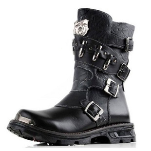  英伦韩版春秋新款时尚潮流男靴户外牛仔靴男式军靴子多扣子弹男靴