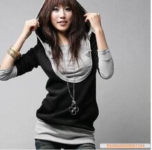 专柜正品2011热播韩版女装秋装新款假两件连帽外套长袖T恤衫