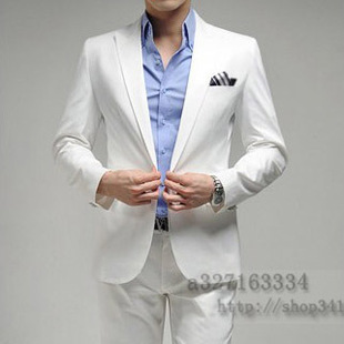 男式修身西服韩版小西装一粒扣领收腰休闲西装套装纯白色a02