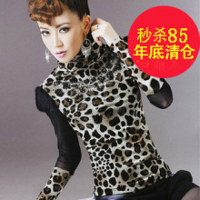 清仓特价 豹纹网纱打底衫长袖高领蕾丝大码t恤上衣 2011秋冬女装