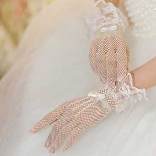 婚纱配饰短款蕾丝手套 白色黑色蝴蝶结网眼 结婚新娘手套