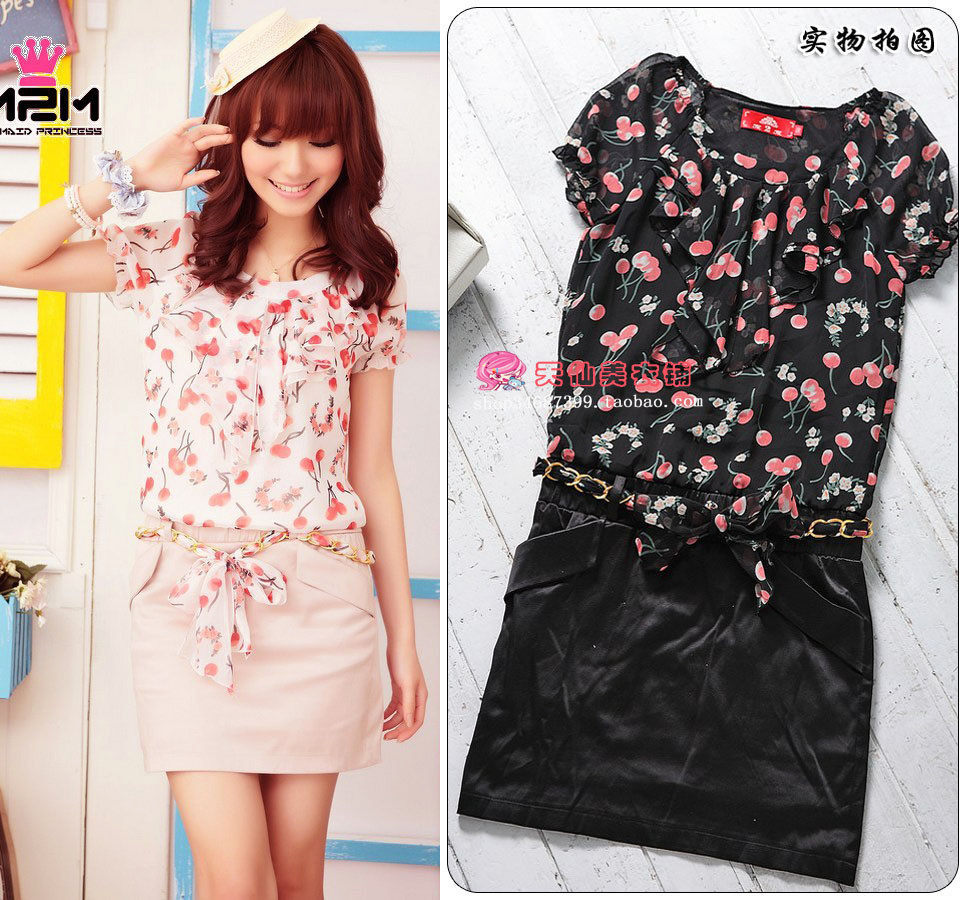 M2M夏美丽 服饰  2010秋装新款L99蝴蝶结 荷叶碎花显瘦雪纺连衣裙