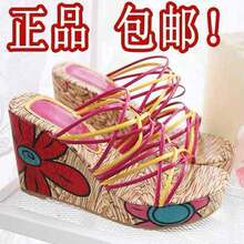 2010 秋 新款罗马 花朵木屐 韩版平底彩色交叉细带坡跟女式凉拖鞋