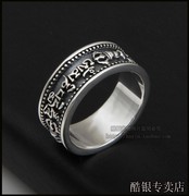 男戒指食指精雕细泰银，指环925银，复古成熟个性潮人金刚杵纯银戒指