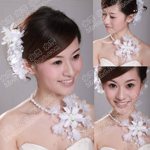  特 水舞新娘 甜美精灵纯手工白色头花结婚头饰品颈花婚纱礼服配饰