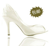 2010女鞋韩版时尚新款正品细中高跟白色流行<span class=H>鱼嘴鞋</span>凉鞋包邮