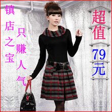 特价2010秋装热销新款正品韩版长袖艾格子修身连衣裙