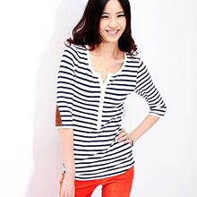 as安都2012春女装新款圆领中袖半开襟条纹T恤9201216 预售