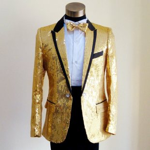  缘于真情黄金甲红歌大合唱演出服黑银色金黄色亮片男士礼服3082
