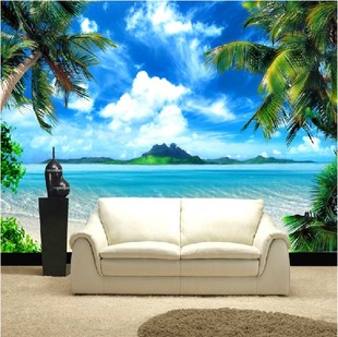 大型海景壁画 蓝色地中海 电视背景墙壁纸 客厅沙发墙纸椰树墙纸