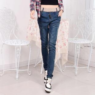  设计师品牌新款牛仔裤女哈伦裤小脚裤铅笔裤排扣正品以纯品质