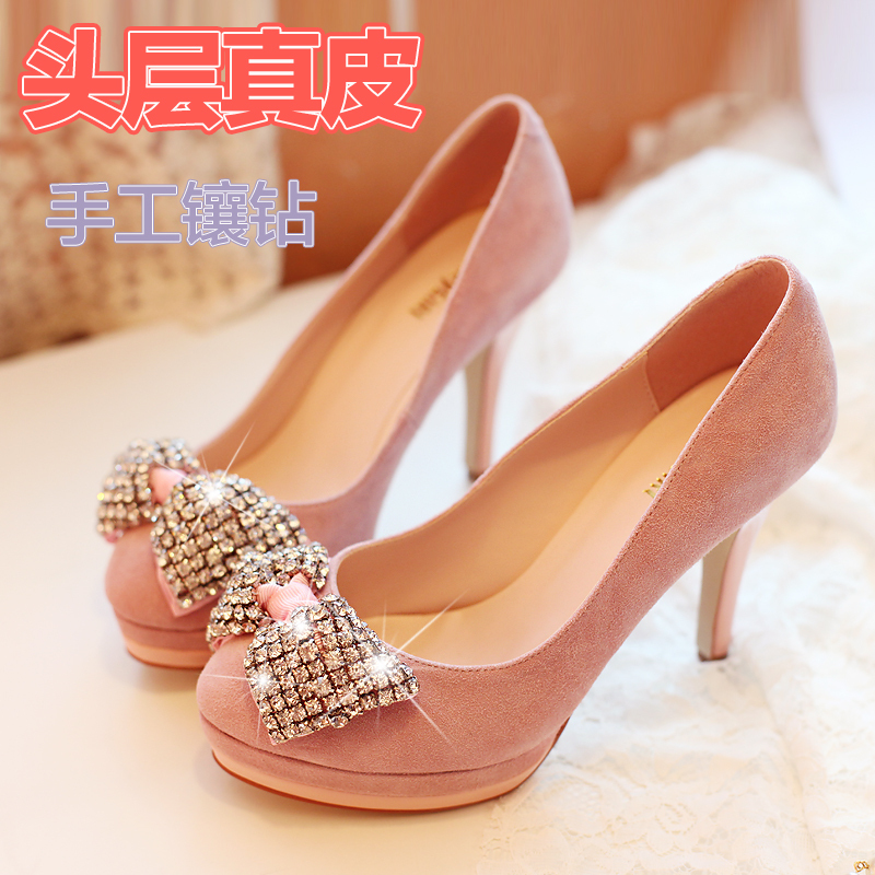 2013韩版真皮女鞋 精品婚鞋甜美粉红色蝴蝶结水钻高跟新娘结婚鞋羊皮单鞋 2013韩版真皮女鞋 精品婚鞋甜美粉红色蝴蝶结水钻高跟新娘结婚鞋羊皮单鞋