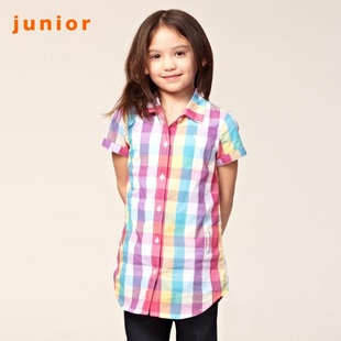 2012 new Giordano summer sweet Plaid short sleeve shirt girls long shirt 03342002