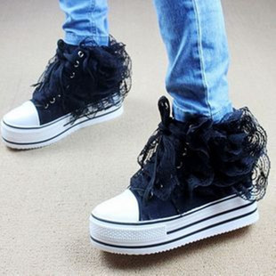  韩版蕾丝花朵厚底鞋松糕高帮帆布鞋 内增高休闲鞋高跟鞋女鞋