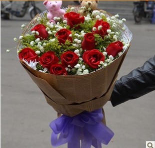 红玫瑰11朵送2小熊爱情鲜花速递生日祝福送花上海鲜花店同城快递