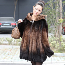 2012新款咖啡水貂裘皮大衣女装外套整貂咖啡条纹渐变带帽冬季美国