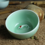龙泉青瓷透光手工彩绘鲤鱼杯茶杯功夫陶瓷器茶盏普洱茶品茗杯茶具