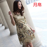 包邮月帛2012夏季新款女装修身刺绣花民族风加大码欧根纱连衣裙子
