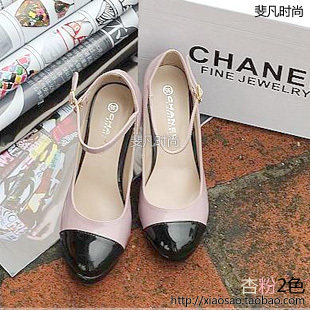 2010欧美大牌新款女鞋 复古明星款色拼接圆头防水台粗跟单鞋 包邮