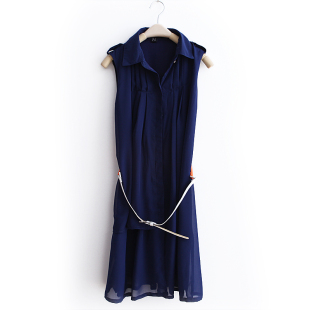 2012 spring clothing new trend in Europe and send quality lapel pure color chiffon sleeveless dress belt WQ1314