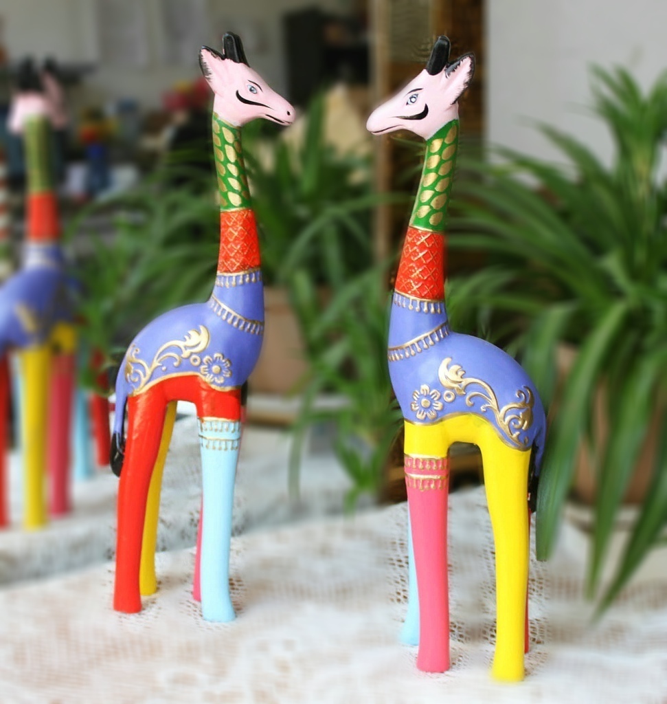 新款 彩繪　長頸鹿 情侶木雕 樹脂壓模 39高 擺件 裝飾品 禮品
