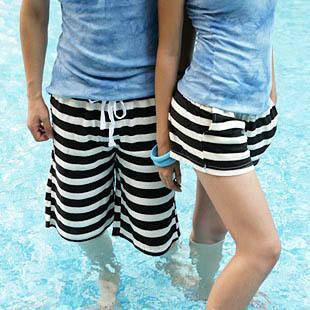  女装夏天情侣装韩版夏装男女沙滩裤条纹情侣裤短裤五分裤