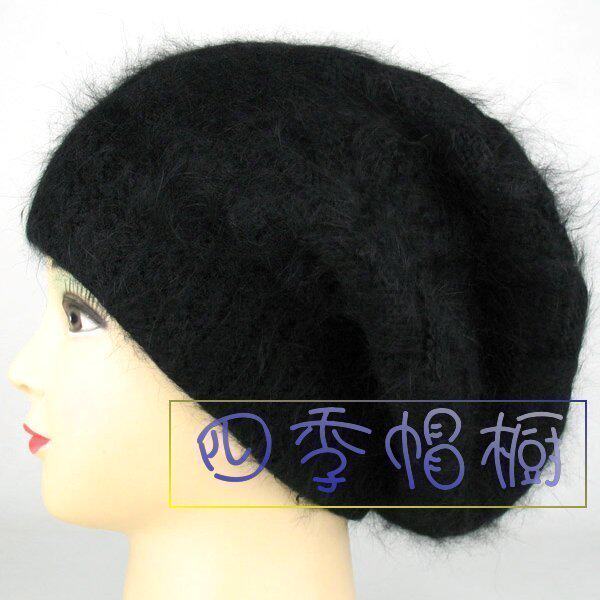 秋冬季帽子/韩版女士兔毛线帽子-斜格直筒帽-黑色
