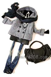 黑灰色几何纹超厚混合羊呢绒夹棉双排扣可帽子变反领大衣