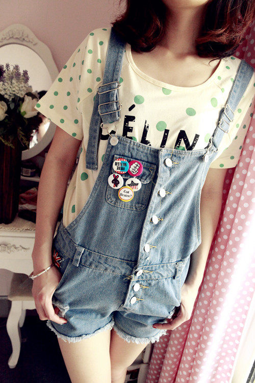 <em>少女装夏</em>新款欧美学院风卡通章水洗复毛边背带