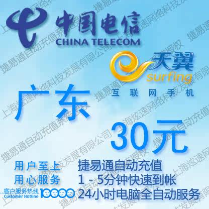 广东电信手机话费30元 电脑全自动充值 五分钟内到账