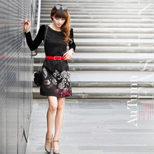 2011新品秋装 金丝绒长袖圆领印花修身连衣裙女装裙
