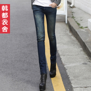  韩国青年女装春装新款正品牌代购低腰磨白修身铅笔小脚牛仔裤
