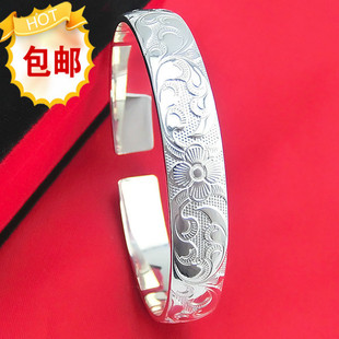  925纯银手镯 女款宽面银镯子 时尚手工雕花 节日礼品 包邮促销