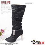 Uulife09冬日白领-女靴女鞋尖头细高跟长靴钻石扣修饰黑色F