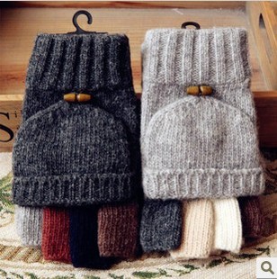 冬季保暖男士半指手套韩版潮羊毛，手套分指翻盖手套写字打电脑手套